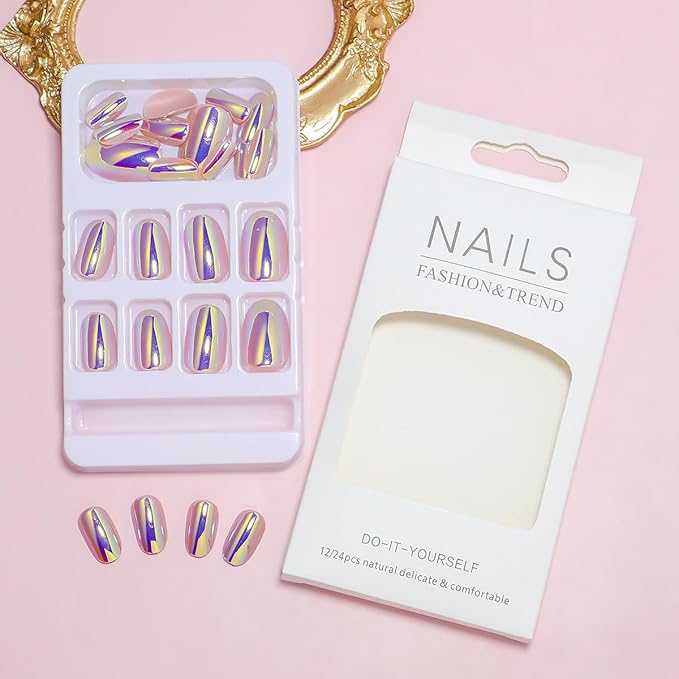 Press on Nails Short Oval Fake Nails Purple Metal Chrome False Nails with Glossy Holographic Gradient Acrylic Nails Shiny Full Cover Glue on Nail for Women Manicure 24Pcs
