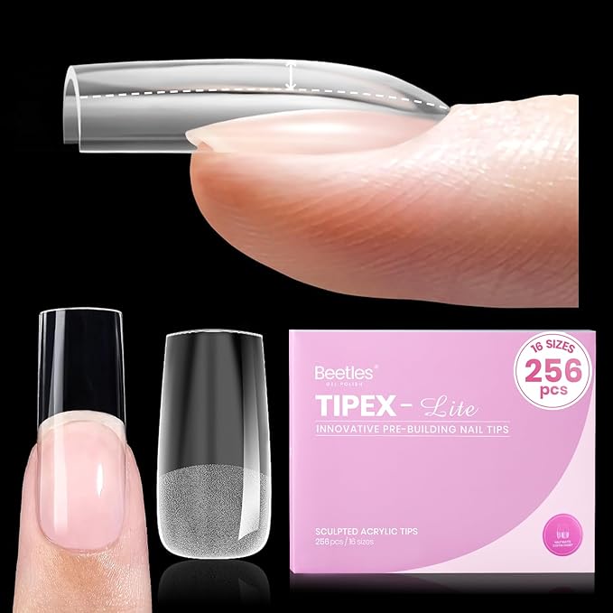 Beetles Tipex Lite Pre-Built Apex Nail Tips, Square Medium, 256pcs Value Pack, 16 Sizes | 00-14, Flat-Nail Friendly Acrylic Tips for Natural Nail Beds, Easy for Beginner DIY