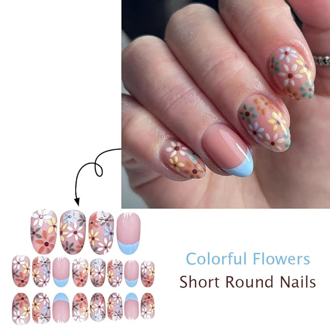 Blue French Tip Press on Nails Medium - Almond Fake Nails Spring Floral Nails Press ons - Cute Colorful Flower False Nails Summer Full Cover Glue on Nails Reusable Nails for Women 24Pcs
