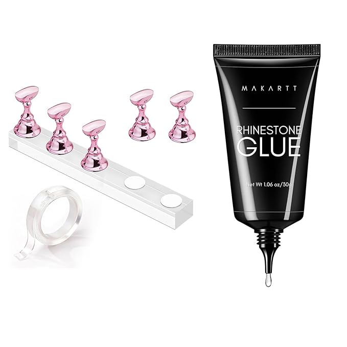 Makartt Nail Rhinestone Glue for Nails, Super Strong Gel Nail Glue for Nail Charm 3D Nails Bling Gel Bundle with Nail Stand for Press On Nails Display Practice Art Magnetic Fake Nail Holder