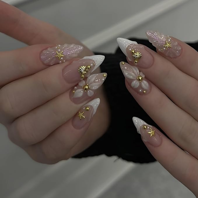 French Tip Press on Nails Medium Almond Fake Nails 3D Flower Nails Press Ons Glossy Full Cover False Nails with Rhinestones Design Seashell Starfish Glue on Nail Acrylic Stick on Nail for Women 24Pcs