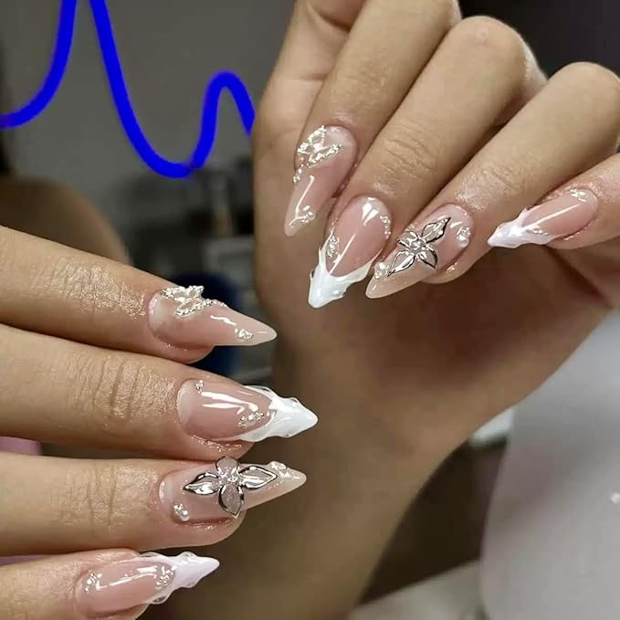 Press on Nails Almond - French Tip Fake Nails with Silver Butterfly Design - Spring, Medium False Nails Press ons - for Women 24Pcs