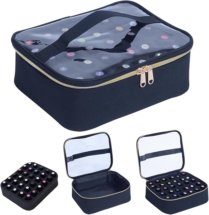 Small Clear Nail Polish Case Holds 30 bottles(15ml-0.5fl.oz) Nail Polish Organizer Multifunctional Nail Polish Bag organizer, Cosmetic Travel Makeup Cases for Women, Black