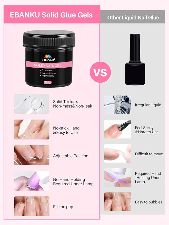 100g/3.5oz Solid Nail Glue Gel for Press On Nails, EBANKU Nail Glue Soft Gel for Fake Nail Tips, UV Light Cure Nail Art DIY Salon Home Beginner