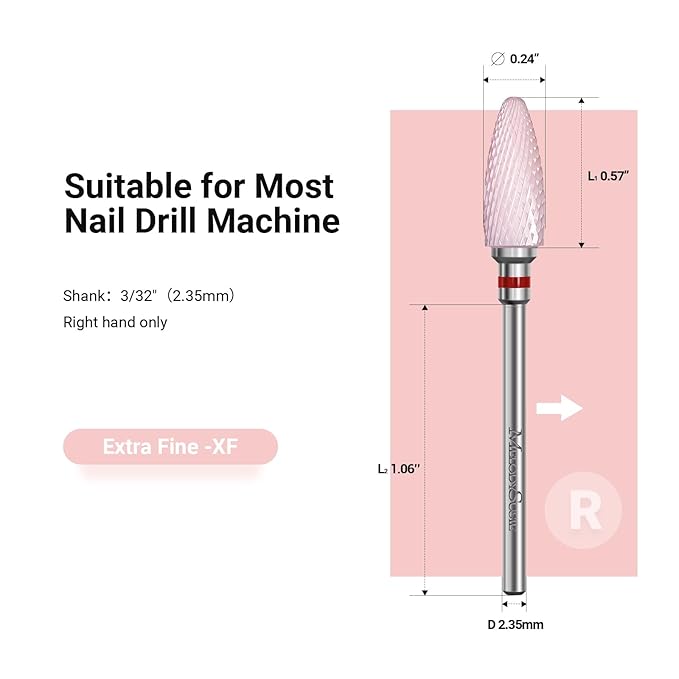 MelodySusie Ceramic Nail Drill Bit, 3/32'' (2.35mm) Professional Acrylic Nail File Flame Drill Bit for Manicure Pedicure Cuticle Gel Nail Polishing, Beginners Bits, Pink, Series Bit-S, Extra Fine