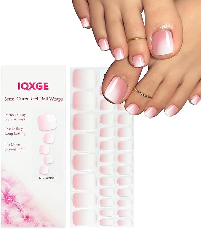32 Pcs Semi Cured Gel Toe Nail Strips Pink White Ombre Gel Nail Stickers Full Cover Nails Wraps Self Adhesive Toe Nails Polish Strips Stickers for Women UV/LED Light Required
