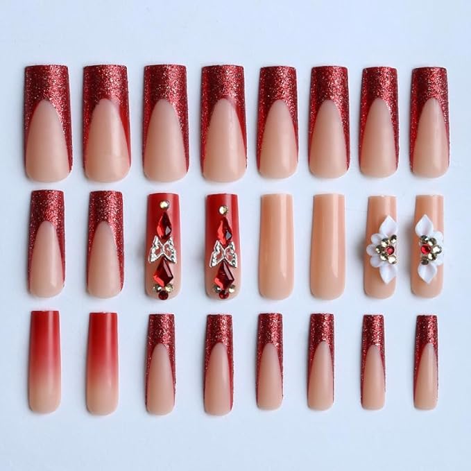 Square Press on Nails Long Red Fake Nail3D Flowers Charm and Red Rhinestones Acrylic Nail Press ons with Embossed Butterfly Design Stick on Nails for Women 24pcs