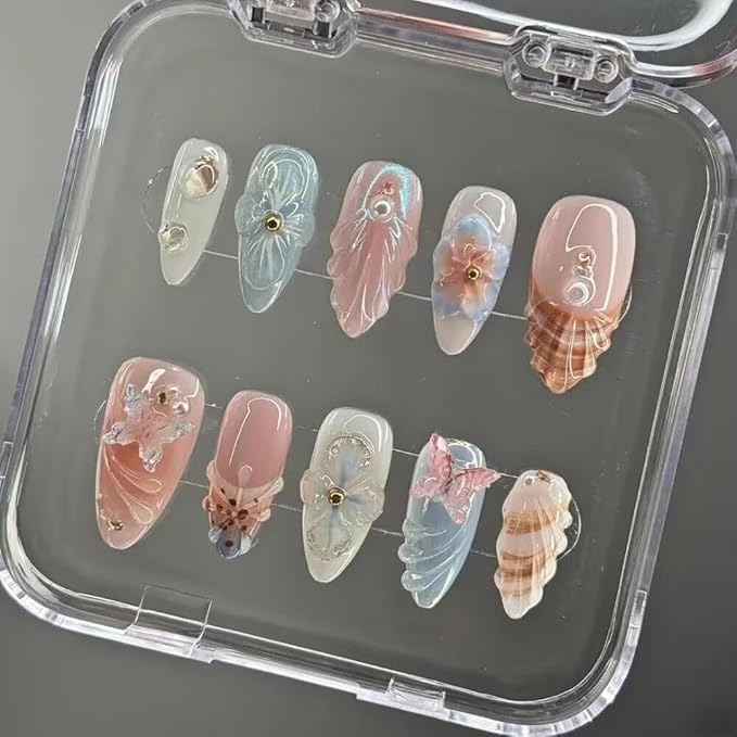 Handmade 3D French Art Press On Nails for Women - Reusable Shell Almond False Nails, 10PCS ABS Artificial Fingernails with Nail Tip Design for Salon & Home Use Size L