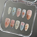 Handmade Press on Nails - Medium Almond,Artificial Acrylic Nails Blue French Tips Stick on Nails 3D Pearl Fake Fingernail Summer False Nails for Women Manicure 10 Pcs (Size M)