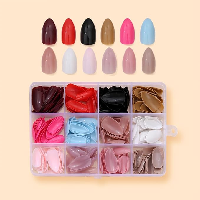 288Pcs Press On Nails Short Almond Fake Nails Solid Color False Nails Press Ons Set Full Cover Acrylic Glue on Nails Reusable Glossy Artificial Nail Kit for Women Girls Nail Art Decoration 12 Color