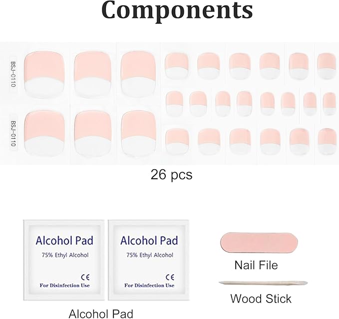26 Pcs Semi Cured Gel Toe Nail Strips Nude French Tip Gel Nail Stickers Full Cover Nails Wraps Clear French Toe Nails Polish Strips Stickers for Women UV/LED Light Required