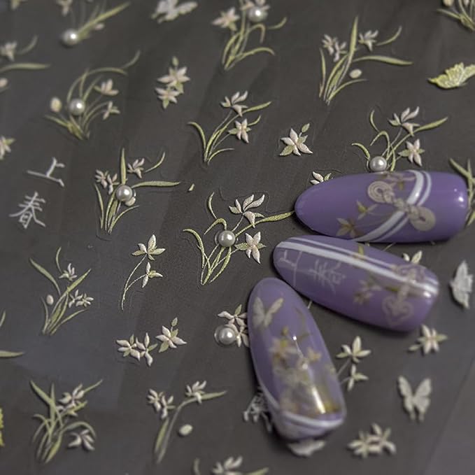 Simple Plants Decorative Nail Art Stickers, Floral and Butterfly Design, White and Pink, 2 Sheets