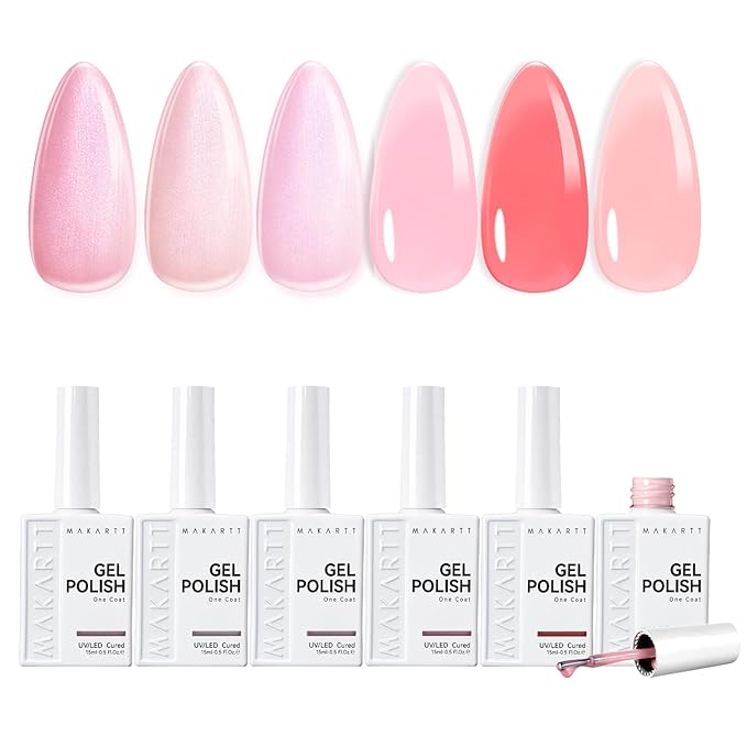 Makartt Pink Gel Nail Polish Set: 6 Colors Jelly Gel Polish Kit 15ML One N'Done Shimmer Sheer Translucent Effect Light Soft to Dark Soak Off UV LED Nail Art Manicure Gift for Women