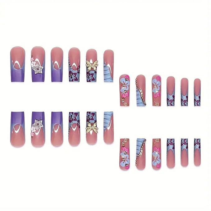 RTKHFZE Press on Nails Long Square Fake Nails Blue French Tip Glue on Nails with 3D Flower and Butterfly Designs Acrylic False Nails Glossy Full Cover Stick on Nail for Women Manicure