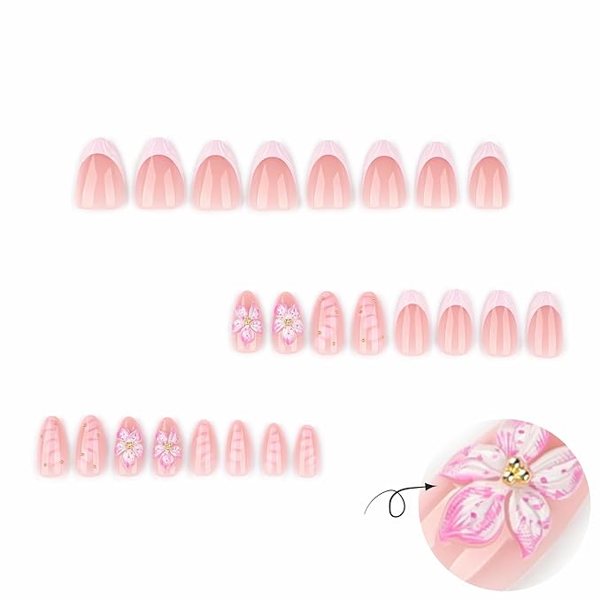 Press on Nails Almond - Short Fake Nails with Flower Design - Pink, French Tip False Nails Press ons - for Women 24 Pcs