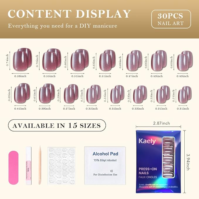 evpct Pale Mauve Cat Eye Short Press on Nails Square, Stick on Nails Short Square for Women Gift, Mauve Metallic Glitter Glossy nails press ons, Reusable Stick Press on Acrylic Fake Nail with Designs
