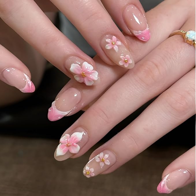 Flower Press on Nails Medium Almond Fake Nails Pink French Tip Nails Press Ons 3D Flower False Nails with Rhinestones Design Acrylic Glossy Stick on Nail Spring Glue on Nail for Women Set 30Pcs