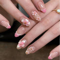 Flower Press on Nails Medium Almond Fake Nails Pink French Tip Nails Press Ons 3D Flower False Nails with Rhinestones Design Acrylic Glossy Stick on Nail Spring Glue on Nail for Women Set 30Pcs