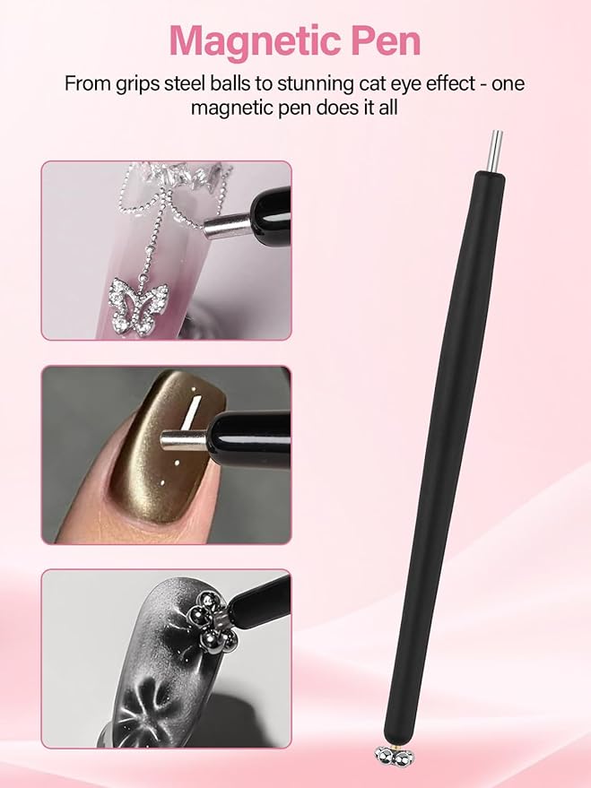 EBANKU Cat Eye Magnetic for Nails, 17PCS Cat Eye Gel Nail Polish Magnet Tools Powerful Set Wand Magnet for Nail Polish Square Round Y Shaped Heart Magnet Stick Diverse Glassy Cateye Effect
