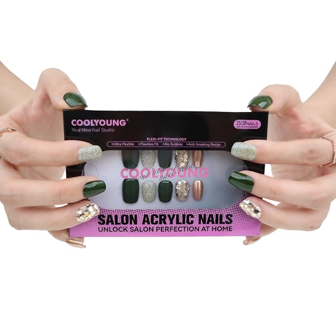 COOLYOUNG Olive Green Gold Glitter Press On Nails Salon Quality Short Reusable Artificial Nails with Cat Eye, 25 PCS Handmade Nails