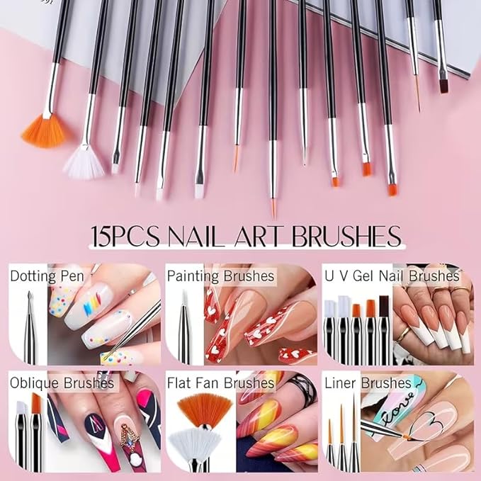 31 Pcs Nail Art Brush Set, Nail Art Tool Set with Liner, Dotting, Fan & Flat Nail Brushes Drawing Pen for Acrylic, Gel Polish, DIY Manicure at Home & Salon Design Supply-Hot Pink