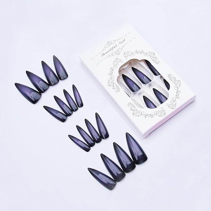MISUD Press on Nails - Long Stiletto Fake Nails with Goth Black Purple, Acrylic Gothic Ombre Design 24 pcs