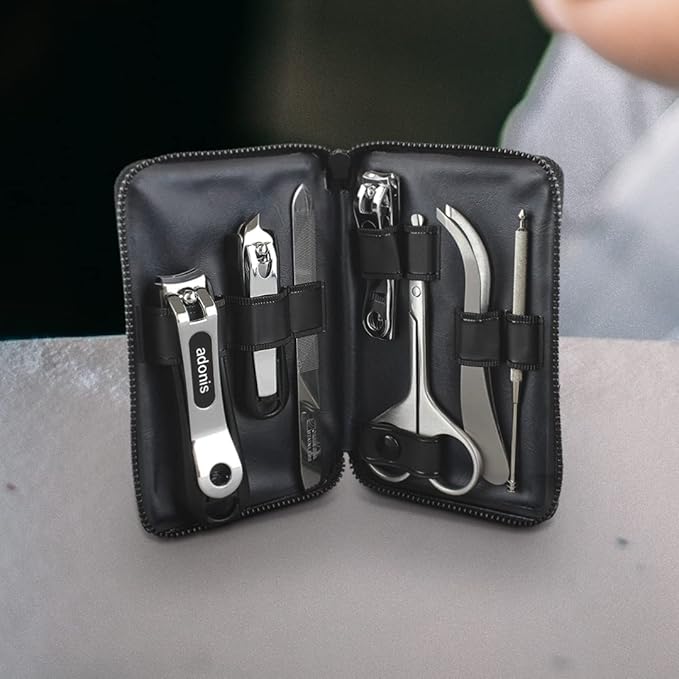Seki Edge Adonis Grooming Kit (G-3022) Mens Grooming Kit - 7 Piece Manicure & Pedicure Nail Kit with Nail Clippers, Nail Nippers, Nose Scissors, Nail File, & Tweezers in Travel Case