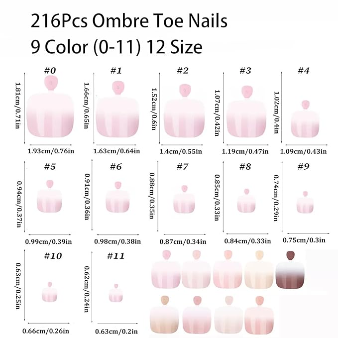 216 Pcs Ombre Press on Toenails Short Square Fake Toenail with Glue Tabs,French Toe Nails Press ons,9 Color Gradient Natural Acrylic False Toenails Tip Artificial Toe Nails for Women Manicure