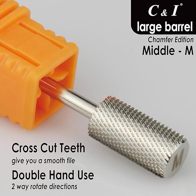 C & I Large Barrel Nail Drill Bit, Chamfer Edition, Professional E-File for Nail File Machine, Designed to Remove Nail Gels, Acrylics, and other nail color covers 3/32” (Middle - M)