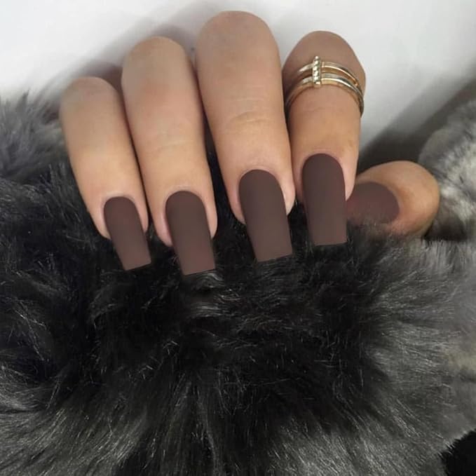 KQueenest Fall Press on Nails Long Medium Square, Matte Brown Fake Nails Medium Coffin, Opaque Sheer Color Acrylic Nails Press ons, Reusable Soft Gel Glue on Nails for Women DIY Manicure