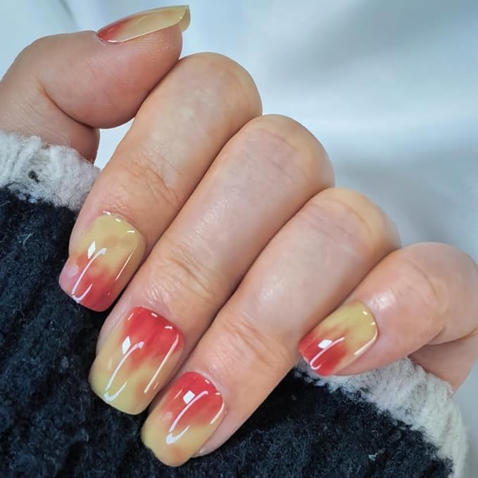 Sweet Apple Press On Nails - Yellow & Red Ombre Design, Reusable False Nails with Glue Stickers,Easy Application Manicure Set for Work, Party & Daily Use, Perfect for Women and Students