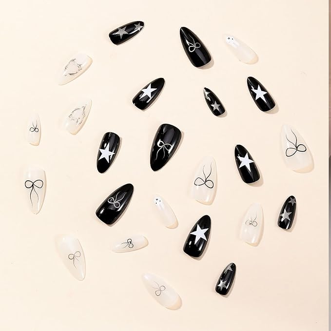 Press On Nails Medium Almond Fake Nails Full Cover White Black False Nails with Silver Stars Bow Designs Y2K Press On Nails Rhinestones Glossy Acrylic Artificial Nails for Women Girls