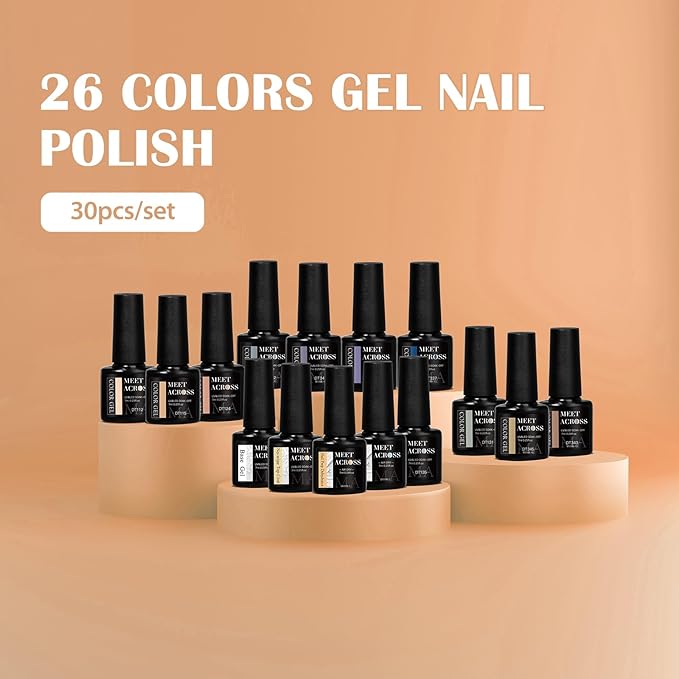 MEET ACROSS 30Pcs Nude Brown Gel Nail Polish Set Gel Polish Grey Blue Purple Roasted Chestnuts Chocolate Series Gel Nail Kit Gift for Women 26 Colors