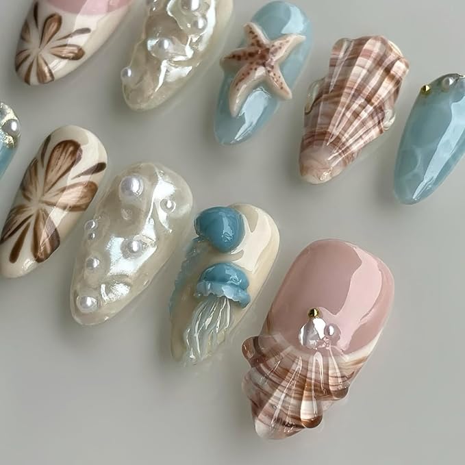 Luxury Press on Nails Short Almond Handmade 3D Unique Reusable ABS Material Fake Nails French Tip False Nails with Designs Flower Jellyfish Shell Pearls Glossy Glue on Nails Thick Acrylic Nails(M)