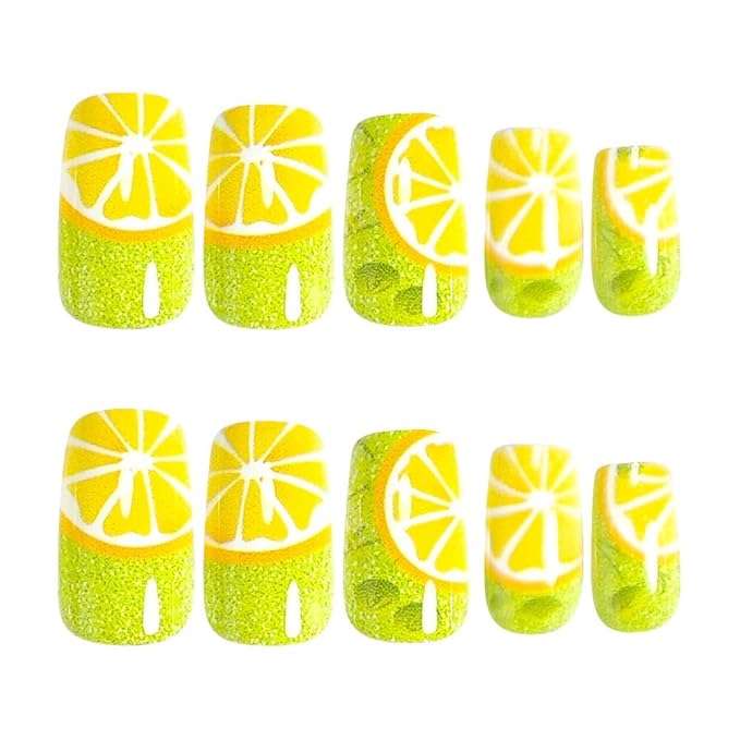 Square Press on Nails Medium - Green Fake Nails with Leaf Fruit Pattern Design - Summer Full Cover Stick on Nails - for Women 24 Pcs