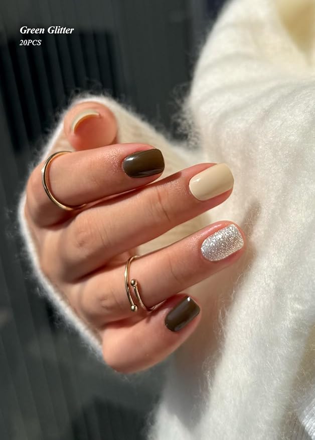 Semi Cured Gel Nail Strips (Green Glitter), 20 Pcs Gel Nail Wraps, Stickers, Salon Quality, Long Lasting, Works With Any UV Lamps