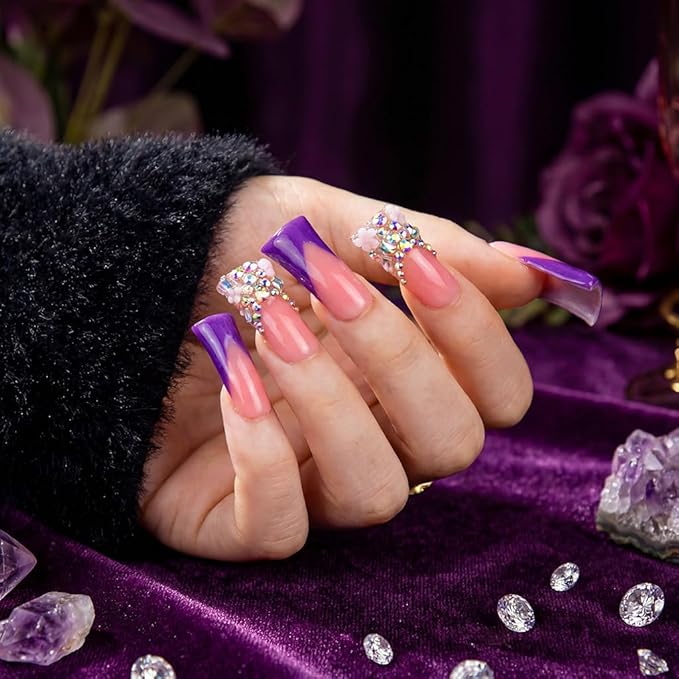 10 Pieces Handmade Luxury Metallic Electric Purple Shimmer With AB Crystal Shine Long Press On Nails With Bling Rhinestones And Y2K Princess Vibes, Reusable Acrylic Nails (S)