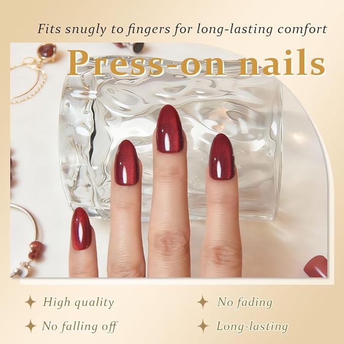 evpct Dark Red Press on Nails Almond Short, Dark Cherry Red Cat Eye Glitter Press on Nails for Women Gift, Soft Gel Press Stick on Nail with Nail Kit, Full Cover, 30Pcs Reusable Acrylic Fake Nails Kit