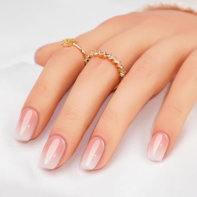 32 Pcs French Gradient Press on Nails Short Coffin Shaped Fake Nails with Pink White Gradient Designs Glitter Acrylic Nails Full Cover Bling Stick on Nails for Women Nails Manicure Decoration