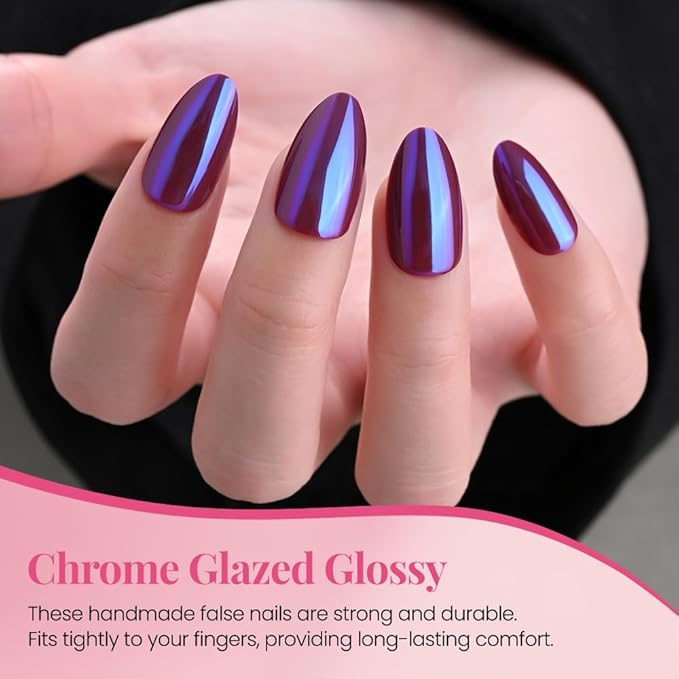 evpct Dark Purple Press on Nails Almond Short, Dark Purple Chrome Glazed Glossy Short Almond Soft Gel Press On Nails with Nail Kit for Women Gift, 15 Sizes 30Pcs Reusable Stick Acrylic Fake Nail Kit