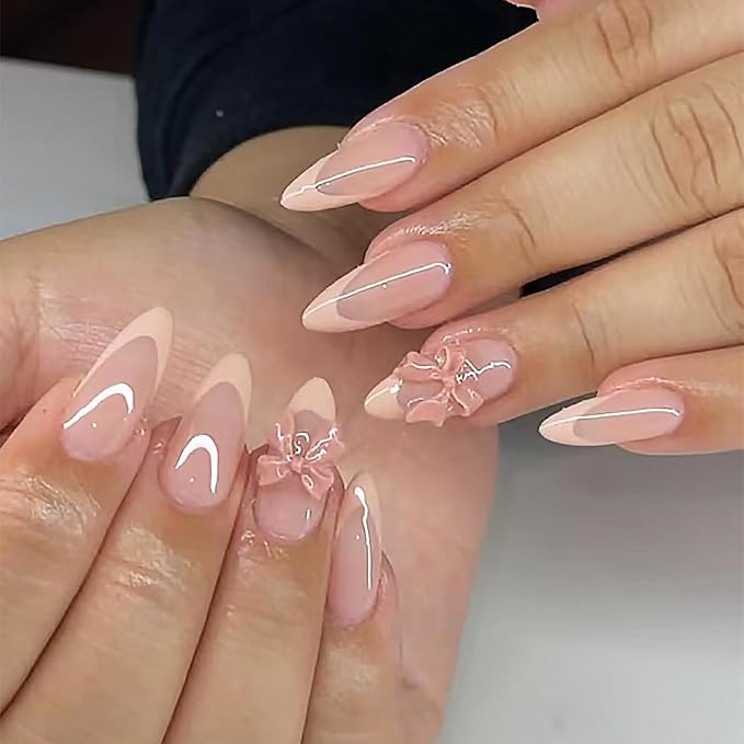 24pcs French Tip Press on Nails Medium Almond Fake Nails with Charms Designs Bow False Nails Stick on Nails Full Cover Glossy Artificial Nails for Women Girl Nail Decoration Supplies