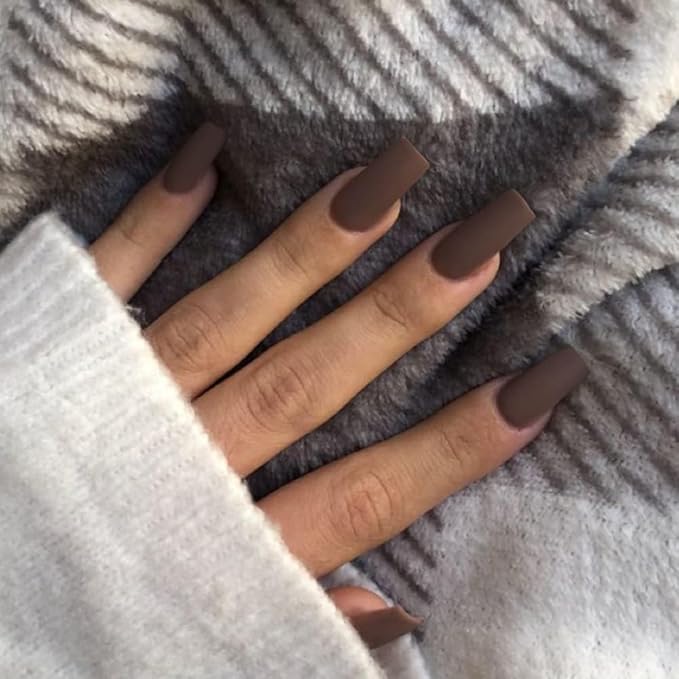KQueenest Fall Press on Nails Long Medium Square, Matte Brown Fake Nails Medium Coffin, Opaque Sheer Color Acrylic Nails Press ons, Reusable Soft Gel Glue on Nails for Women DIY Manicure