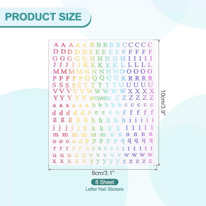 PATIKIL Letter Nail Stickers, 8 Sheet 3D Self-Adhesive English Letter Nail Decals Small Alphabet Art Sticker Metallic Fluorescence Design Manicure for Women DIY Decor, Colorful