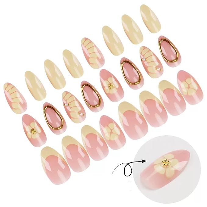 Medium Press on Nails Almond - Flower Fake Nails with Gold Line Design - Yellow Ombre Full Cover Stick on False Nails - for Women Manicure 24 Pcs