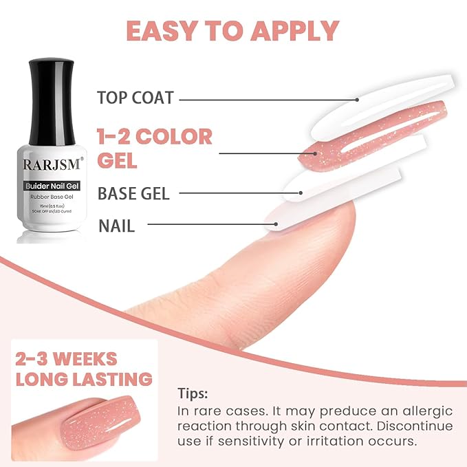 RARJSM Glitter Rubber Base Gel Nail Polish Nude Peach Pink Rubber Base Rainbow Iridescent Shimmer Brush on Quick Extend Builder Hard Gel Soak Off Curing Requires 15ml Salon Home French Manicure