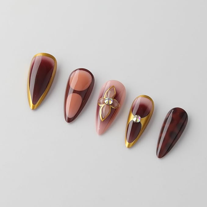3D Brown Flowers Press On Nails Almond Short, 3D Pattern Designer Reusable Acrylic Nails Press Ons, Fake Nails With Glue On, Daily Wear Floral False Nails For Women