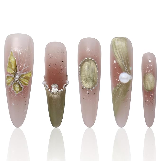 Handmade Nails Press On Nails Long Green Nails Acrylic Press On Nails Ladies Gifts Acrylic French Nails Press On COOLYOUNG 15 PCS, Size S