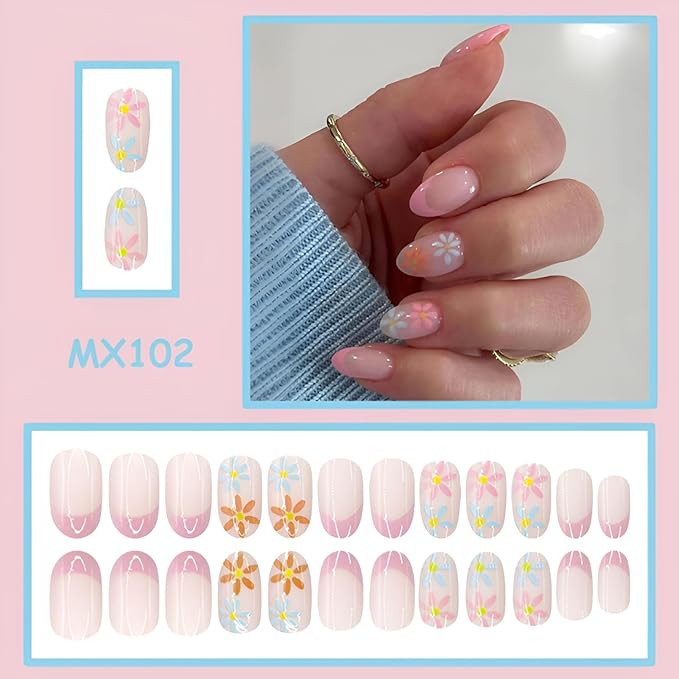 Flower Fake Nails Medium Almond Press on Nails Pink French Tip False Nails Summer Spring Nails Press Ons Glossy Full Cover Glue on Nail Acrylic Stick on Nail for Women Decorations Set 24Pcs