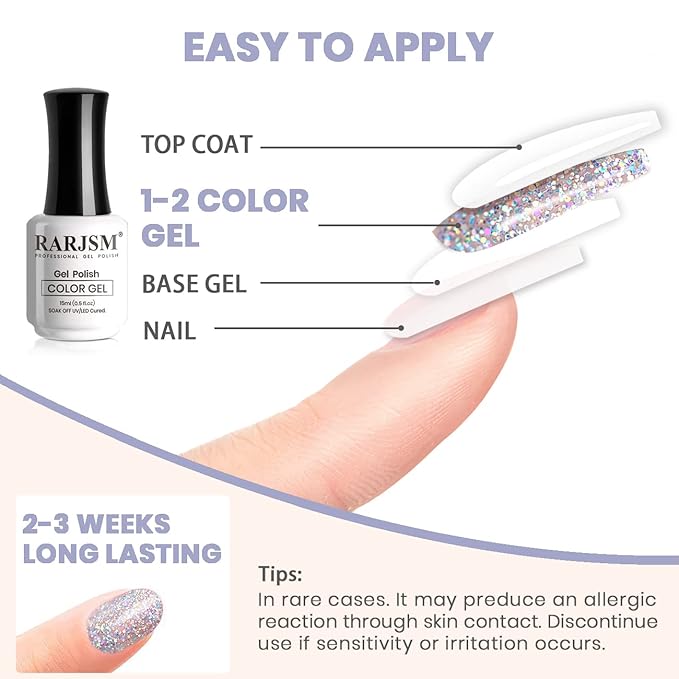 RARJSM Glitter Gel Nail Polish Silver Sparkly Iridescent Glitter Gelpolish 15ml Chunky Shimmer Holographic Rainbow Effect Soak off L e d U V Curing Required High Pigments for Salon DIY Manicure