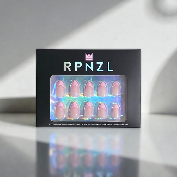 Press On Nails - BubbleGum French | 3D Pink French Tip, UV Finish Almond Nails, Reusable | 32 Nails, 16 Sizes Kit with Glue and Adhesive Tabs I Female Founded